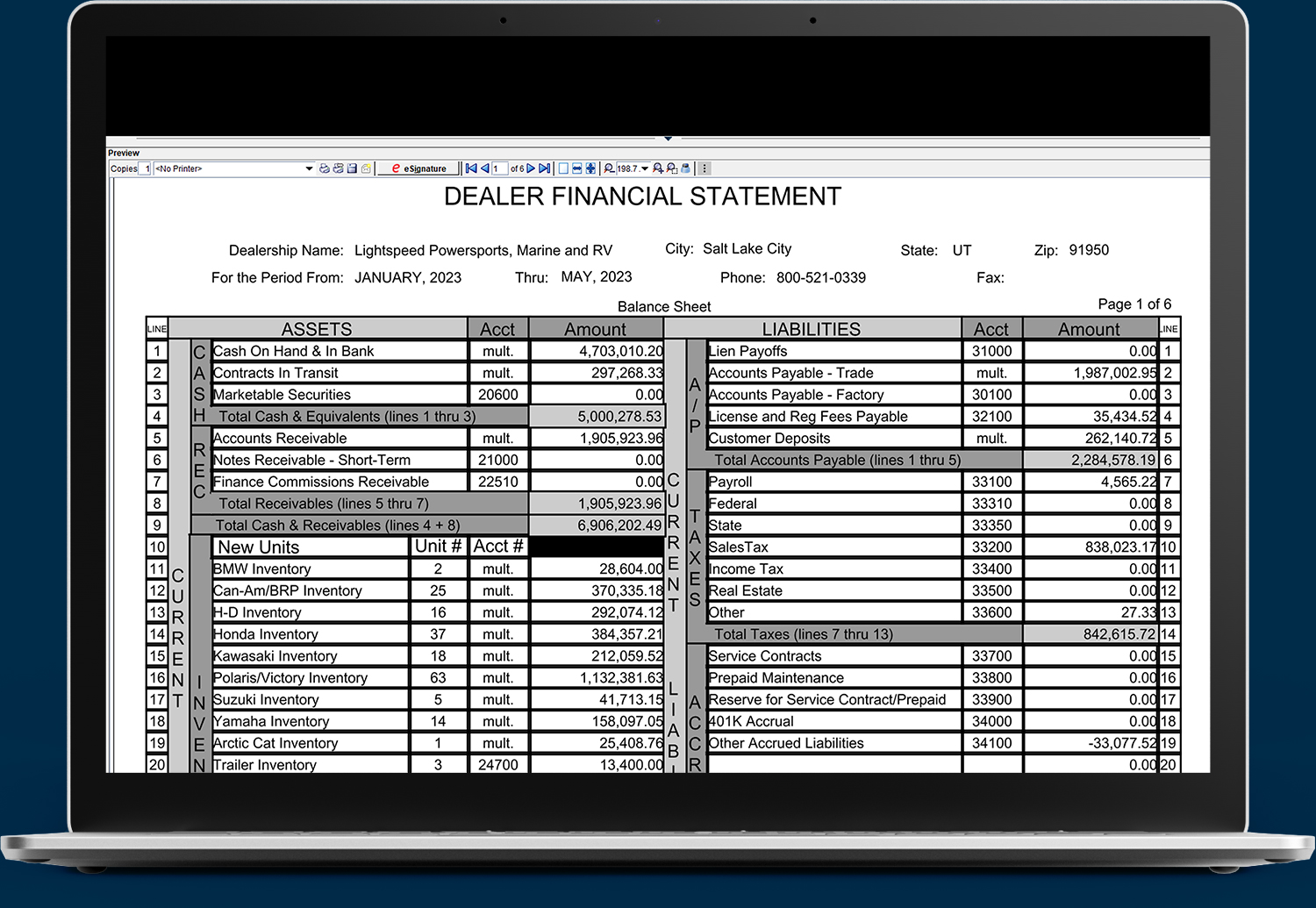 A computer with a Dealer Financial Statement pulled up