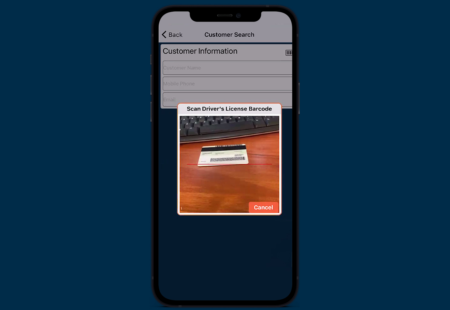 A smartphone with the Lightspeed Mobile app pulled up on the Customer Search "Scan Driver's License Barcode" tab