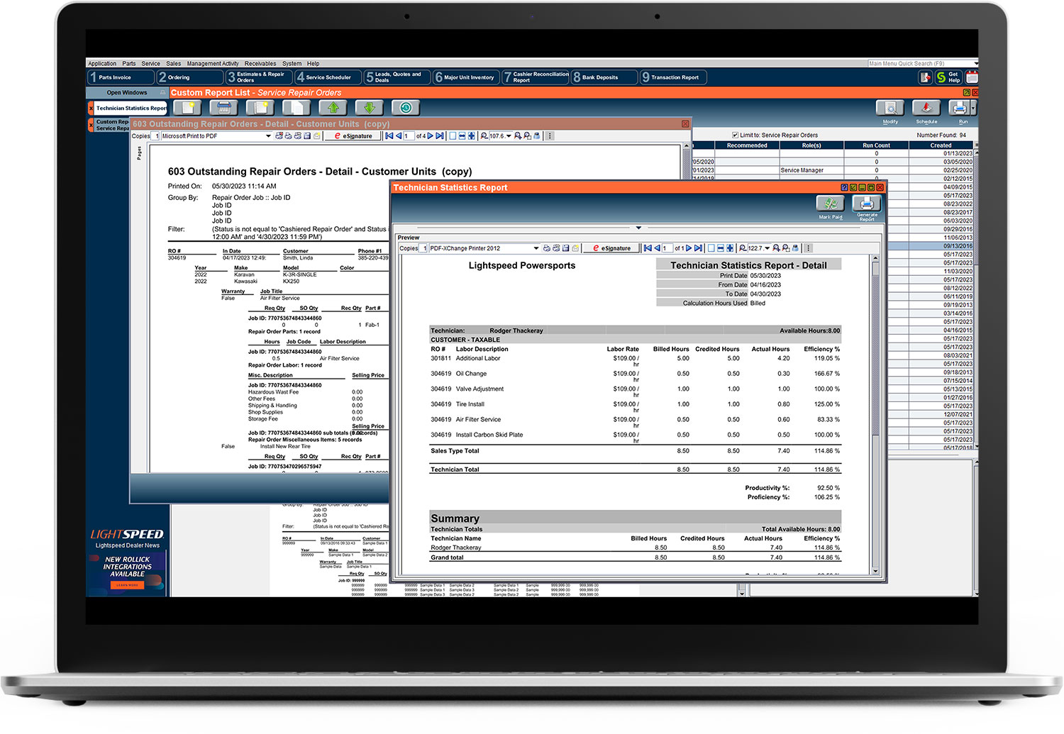 A laptop with a "Technician Statistics Report" pulled up