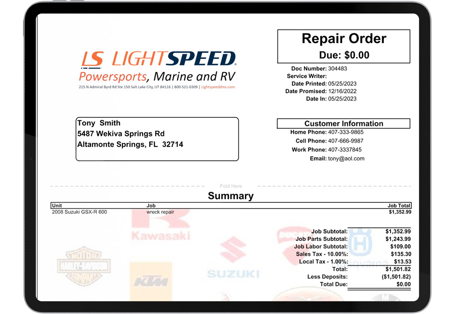 A tablet with a repair order summary pulled up