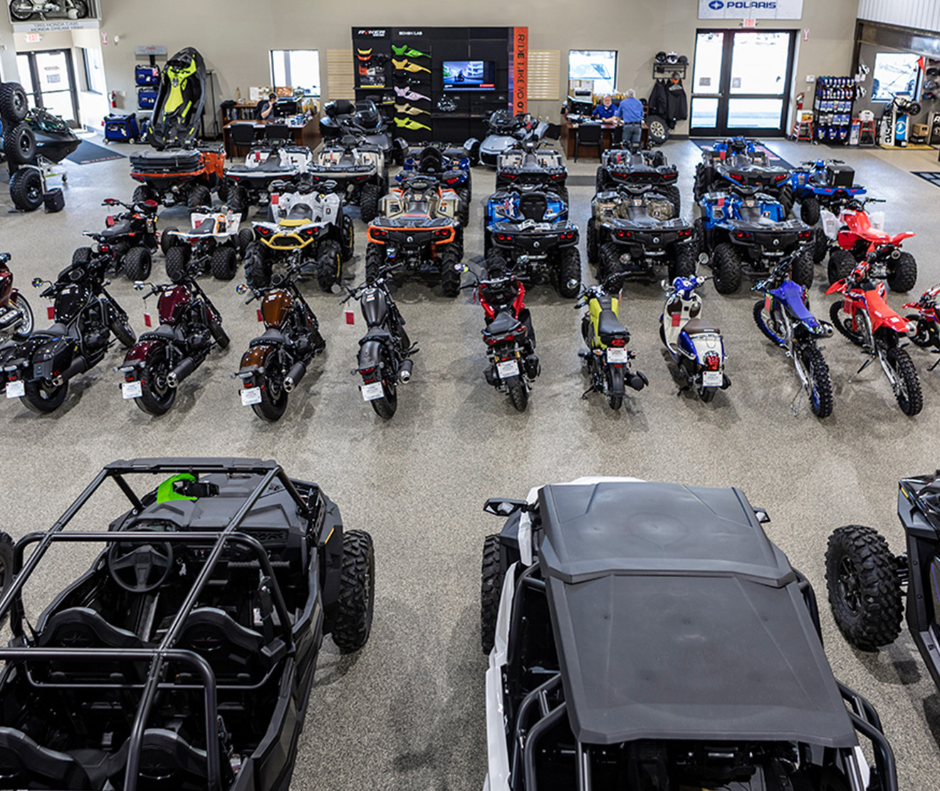 A birds eye view of a powersports showroom