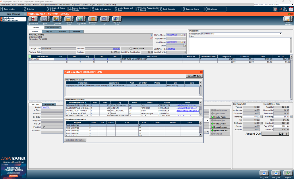 Screenshot of the Lightspeed dealership management software interface. The interface includes tabs for inventory, service, parts, and customer management. A part locator table is featured.