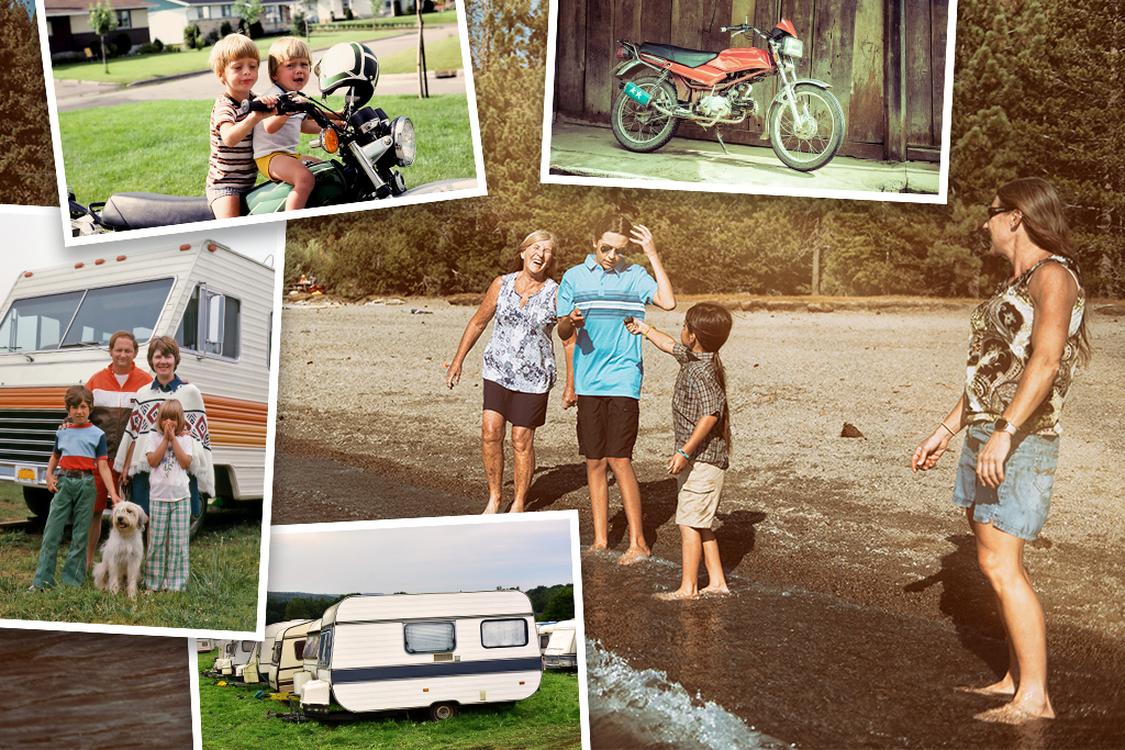 A collage of retro photographs; one of two children sitting on a motorcycle, one of a retro motorcycle, one of a family standing in front of a RV, one of several trailers parked in a grassy lot, and one of a family laughing on the beach.