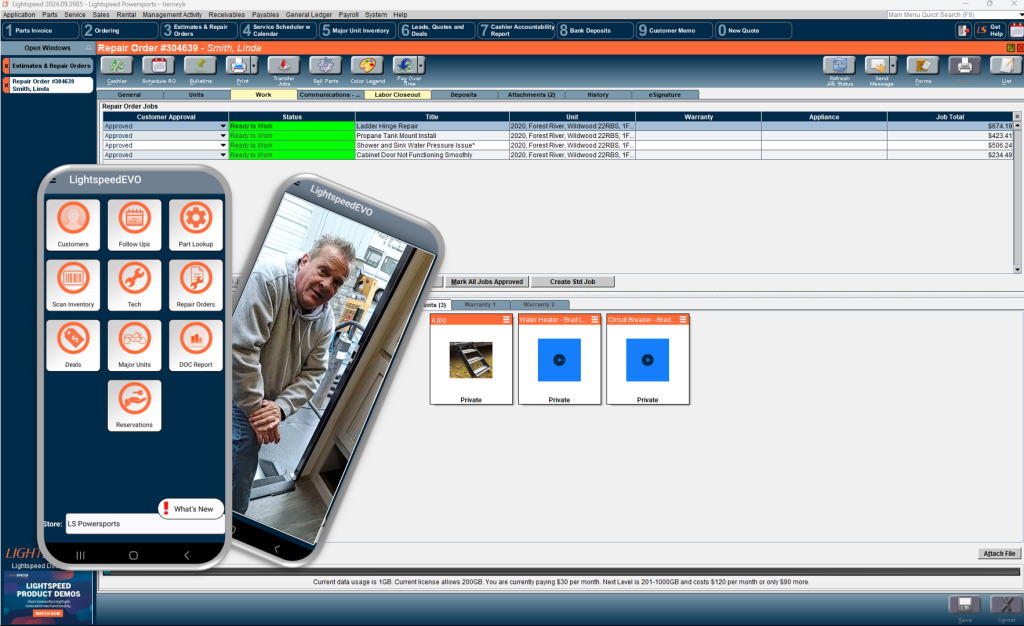 Screenshot of the Lightspeed dealership management software interface. The interface includes tabs for inventory, service, parts, and customer management. A screenshot of the mobile interface is featured.