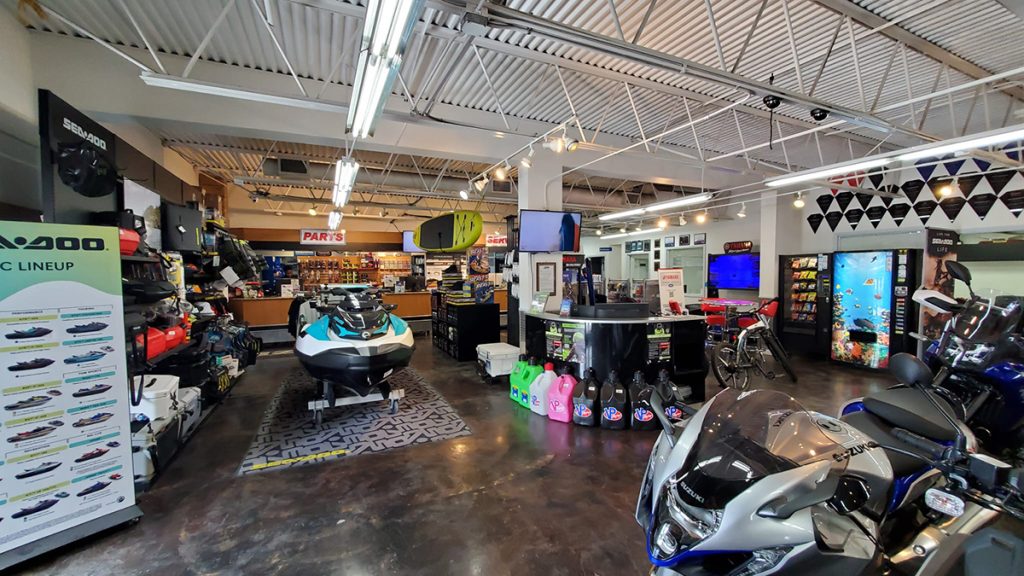 Image of a store floor with motorsports vehicles.