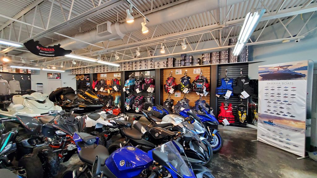 Image of a store floor with motorsports vehicles.