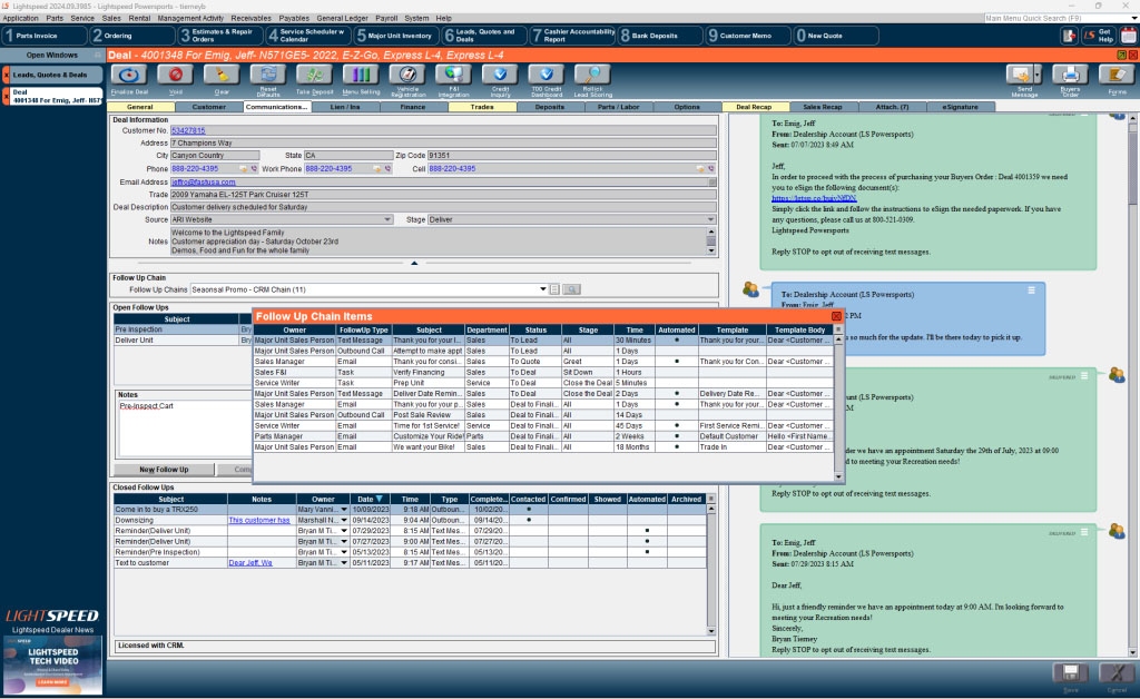 Screenshot of the Lightspeed dealership management software interface. The interface includes tabs for inventory, service, parts, and customer management. A table of follow up chain items is featured.