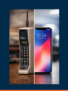 Split Screen of old brick phone and new iphone with border